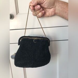 Black Beaded Evening Bag with Gold Chain